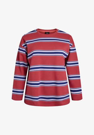Long-sleeve shirt in red cotton with horizontal blue and white stripes, featuring a crew neck and relaxed fit design.