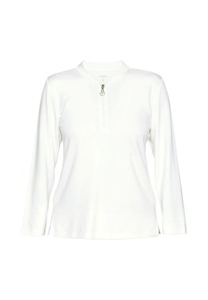 Biała koszula z długim rękawem, z suwakiem sięgającym do jednej czwartej długości i okrągłym metalowym suwakiem, z dekoltem bez kołnierza i luźnym krojem.