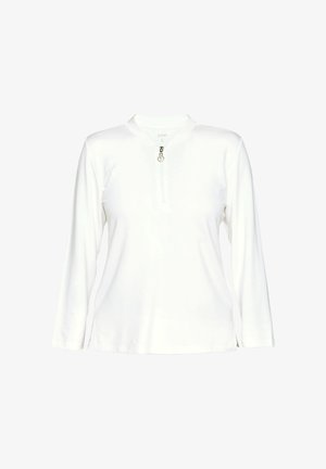 Biała koszula z długim rękawem, z suwakiem sięgającym do jednej czwartej długości i okrągłym metalowym suwakiem, z dekoltem bez kołnierza i luźnym krojem.