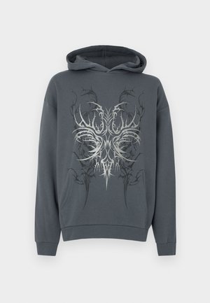 Gray hoodie with a front graphic design in silver, featuring intricate patterns. Material is soft, with ribbed cuffs and hem.