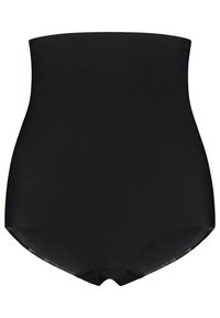 Slip modellante nero a vita alta con una texture di tessuto liscia e un design senza cuciture. Presenta un taglio classico e aperture delle gambe basse.