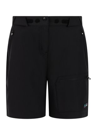 Zwarte buitenkorte broek met verstelbare taillebanden, voorrits, ritssluiting op het dijbeen en een klein kleurrijk logoplaatje op de zoom.