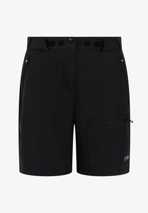 Shorts d'extérieur noirs avec des sangles ajustables à la taille, une fermeture éclair à l'avant, une poche zippée sur la cuisse, et un petit patch logo coloré sur l'ourlet.