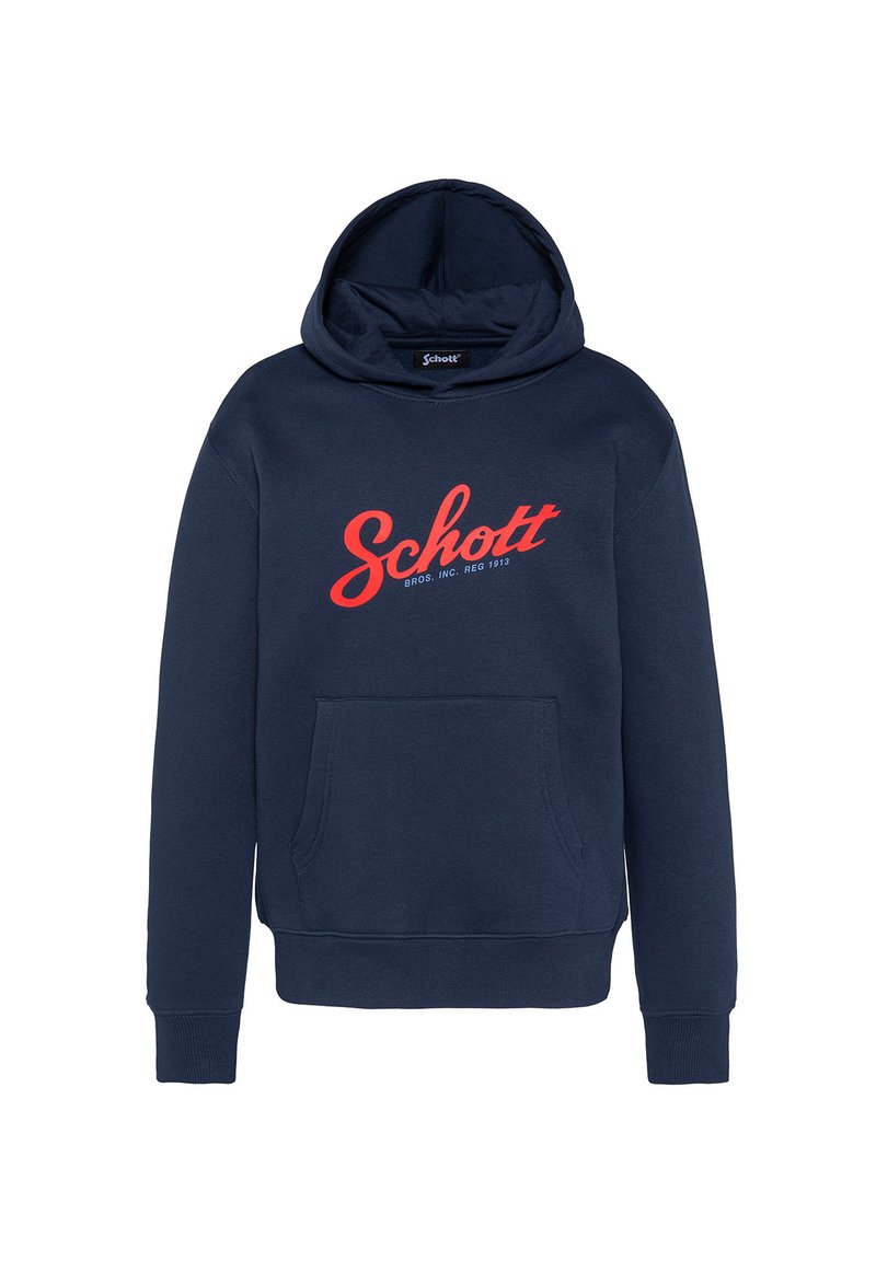 Felpa con cappuccio blu navy realizzata in tessuto morbido, con tasca frontale e un grande logo rosso "Schott". Include un cappuccio con coulisse e polsini a coste.