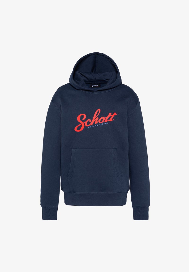 Felpa con cappuccio blu navy realizzata in tessuto morbido, con tasca frontale e un grande logo rosso "Schott". Include un cappuccio con coulisse e polsini a coste.