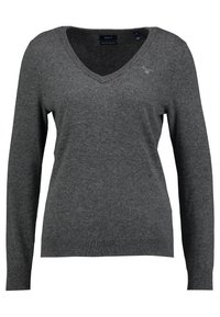Donkergrijze lange mouwen V-hals trui met geribbelde mouwen en zoom, gemaakt van extra fijne lamzwol, met een klein geborduurd logo op de borst.
