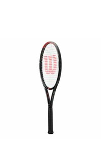 Black tennis racket with a textured grip, oval frame, and white strings. Features a prominent red "Wilson" logo and red accents.