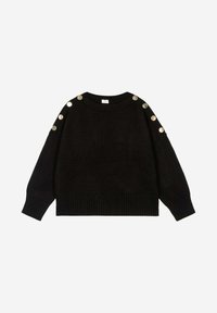 Pull en maille noire avec une coupe ample, ourlet côtelé et accents de boutons métalliques audacieux sur les épaules. Texture douce et manches larges.