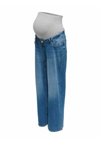 Pantalones vaqueros de maternidad con un acabado de denim azul claro, ajuste relajado y un panel elástico de jersey gris para mayor comodidad en el abdomen.