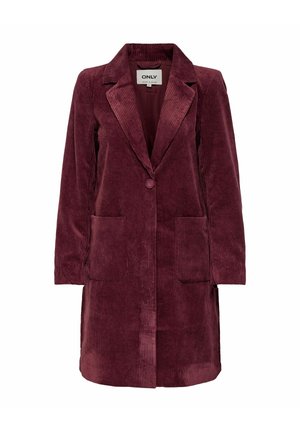 Burgundy kordflodjacka med spetskrage, enkel knappstängning, två framfickor och texturerad randig mönster. Skräddarsydd passform.