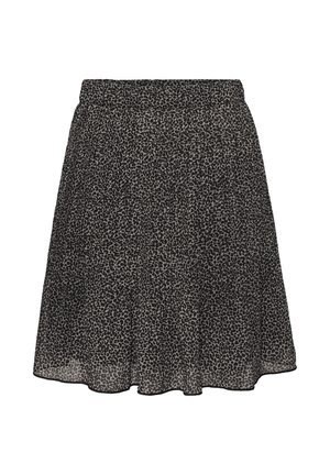 Musta ja harmaa laskostettu hame, jossa on pieni leopardikuvio ja joustava vyötärönauha.