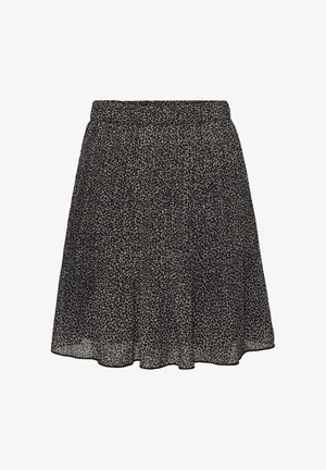 Zwart en grijs geplooide rok met een klein luipaardprintpatroon en een elastische tailleband.