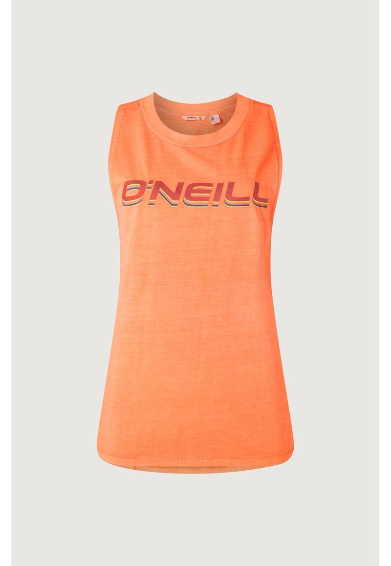 Pomarańczowy bezrękawnik wykonany z lekkiej tkaniny, z okrągłym dekoltem i napisem "O'NEILL" z akcentami w paski w kolorach czerwonym i żółtym.