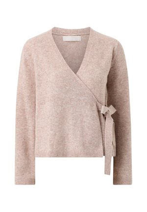Lyserød strikket omslagscardigan med lange ærmer og bindebånd i siden.
