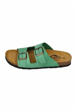 Green two-strap slide sandal with adjustable metal buckles, cork footbed, black sole, and tan insole featuring brand logo and size 38.