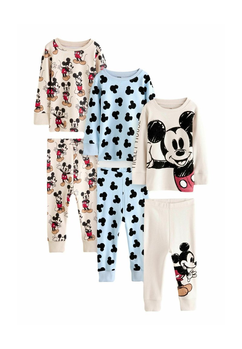 Ensemble de pyjamas pour enfants présentant différents designs de Mickey Mouse en coton doux. Les couleurs incluent beige, bleu clair et des motifs noirs.