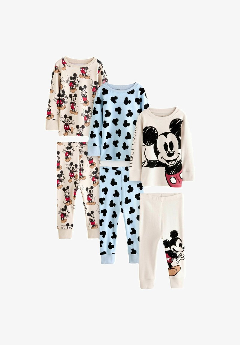 Set aus Kinderpyjamas mit verschiedenen Designs von Mickey Mouse aus weichem Baumwollstoff. Die Farben umfassen Beige, Hellblau und schwarze Muster.