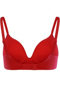 Czerwony biustonosz z mikrofibry o głębokim dekolcie, z regulowanymi ramiączkami i trójrzędowym zapięciem na haftki z tyłu. Gładki, bezszwowy design.
