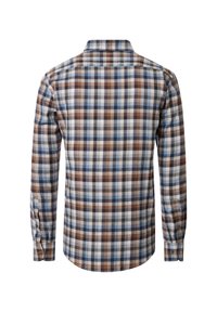 Langärmliges Hemd im karrierten Muster mit braunen, blauen und weißen Farben. Weicher Stoff, Standardkragen und Knopfmanschetten.