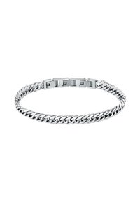 Bracciale in argento con anelli intrecciati, caratterizzato da una superficie liscia e lucida e una chiusura a scatto. Forma arrotondata, materiale metallico resistente.