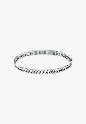Bracciale in argento con anelli intrecciati, caratterizzato da una superficie liscia e lucida e una chiusura a scatto. Forma arrotondata, materiale metallico resistente.