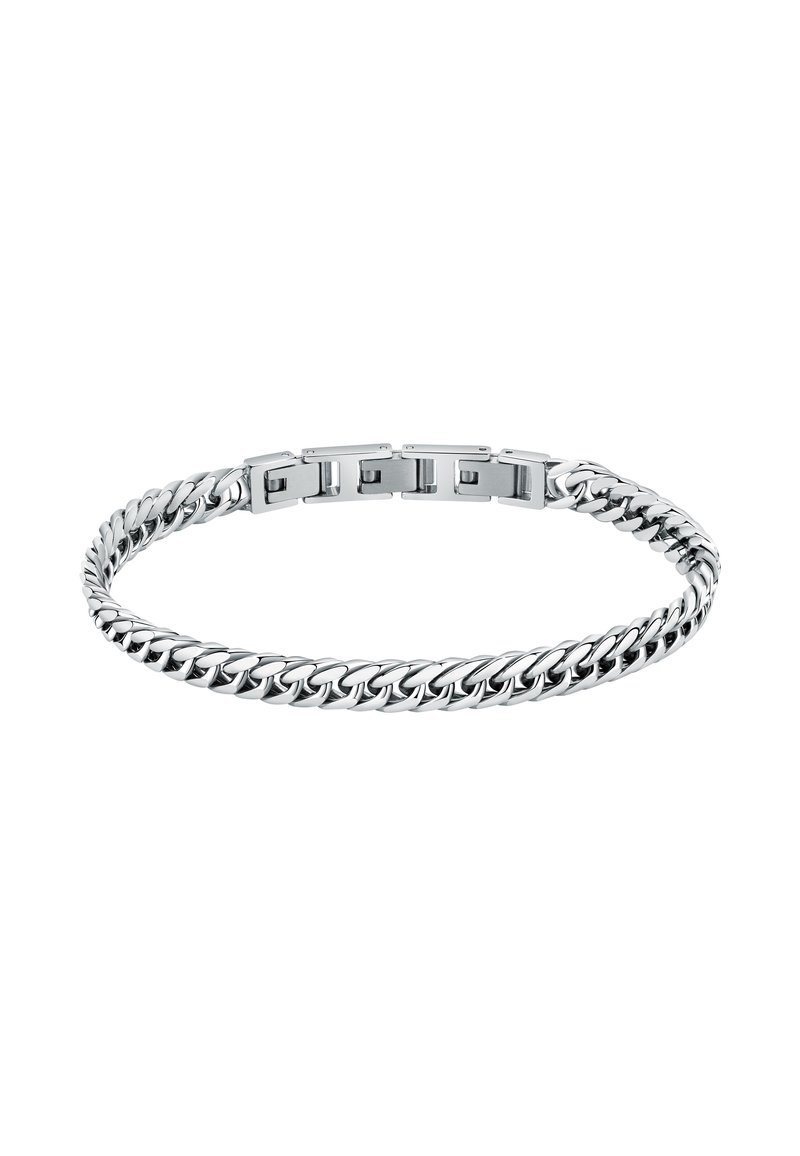 Bracciale in argento con anelli intrecciati, caratterizzato da una superficie liscia e lucida e una chiusura a scatto. Forma arrotondata, materiale metallico resistente.