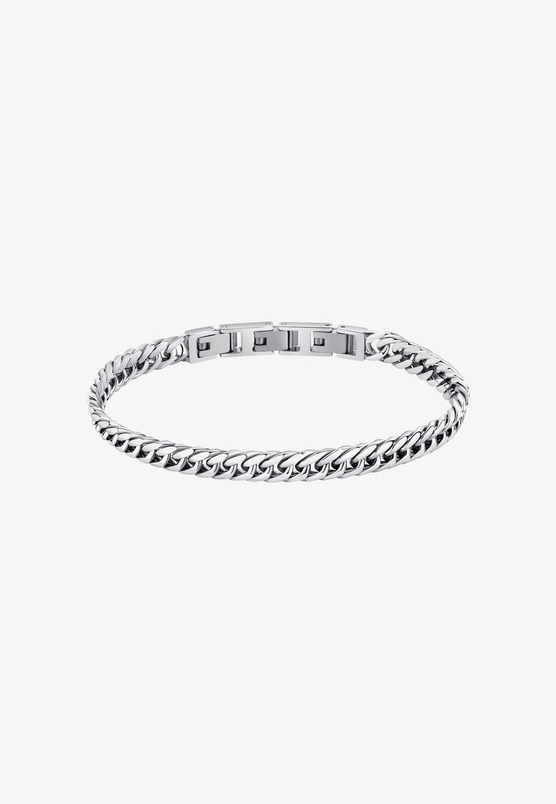Bracciale in argento con anelli intrecciati, caratterizzato da una superficie liscia e lucida e una chiusura a scatto. Forma arrotondata, materiale metallico resistente.