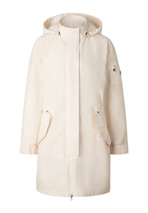 Cremefarbener langer Parka mit Kapuze, frontalem Reißverschluss, der von einer Druckknopfleiste bedeckt ist, zwei schrägen Taschen und einer Reißverschlusstasche am linken Ärmel.