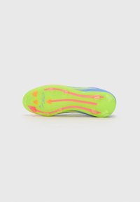 Sleek soccer cleat sole in bright green with pink and blue accents. Features multiple studs for traction, showcasing a streamlined design.