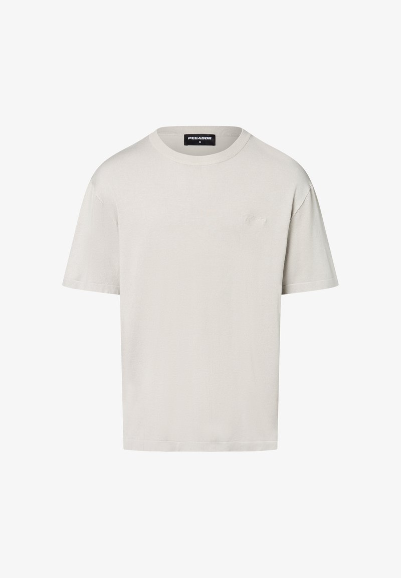 Lichtgrijs, t-shirt met korte mouwen gemaakt van zachte stof. Kenmerkt zich door een geribbelde ronde hals en een subtiele logo op de linker borst.