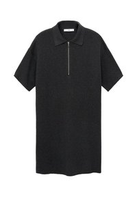 Black short-sleeve polo shirt with a zippered collar, made from a textured knit fabric, featuring a straight cut and no additional accents.