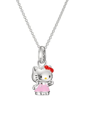 Silberne Halskette mit einem silbernen Hello Kitty Anhänger, die ein pinkes Kleid und eine rote Schleife am Kopf trägt.