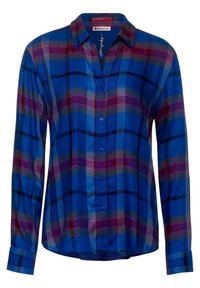 Blue plaid shirt featuring a collar, long sleeves, and button-down front. The pattern includes shades of blue, gray, and pink.