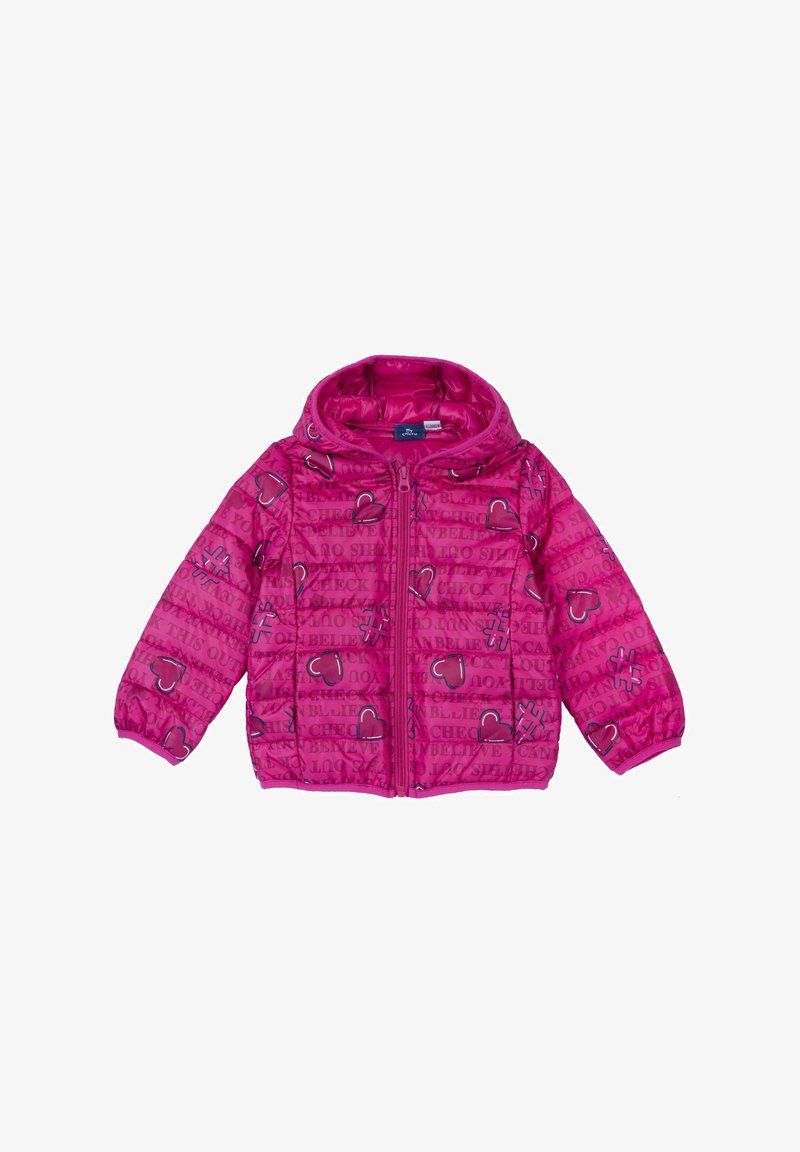 Giacca imbottita rosa con cappuccio, chiusura con zip e motivi stampati di cuori e testo. Polsini e orlo elasticizzati con dettagli lucidi.