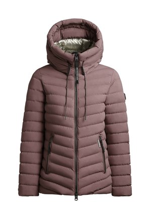 Mauve krāsas guļamā puffer jaka ar mīkstu augsto apkakli, regulējamu kapuci, priekšējo rāvējslēdzēju un rāvējslēdzēja sānu kabatām.