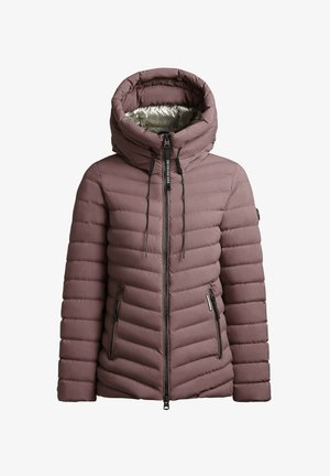 Mauve krāsas guļamā puffer jaka ar mīkstu augsto apkakli, regulējamu kapuci, priekšējo rāvējslēdzēju un rāvējslēdzēja sānu kabatām.