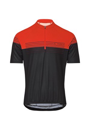 Korte mouwen wielershirt in zwart met een rood schouderstuk, horizontaal streeppatroon, kwart rits en Vaude-logo op de borst.