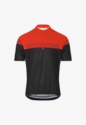 Korte mouwen wielershirt in zwart met een rood schouderstuk, horizontaal streeppatroon, kwart rits en Vaude-logo op de borst.