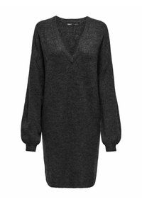 Robe pull oversize gris foncé avec un décolleté en V profond, des manches bouffantes longues et une texture douce. Design simple, sans motifs ou accents visibles.