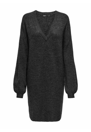 Tumsas pelēks pārsteidzoši liels džemperkleitas stils ar dziļu V veida kaklu, garām pūkainām piedurknēm un mīkstu faktūru. Vienkāršs dizains, bez redzamām rakstu vai akcentu detaļām.