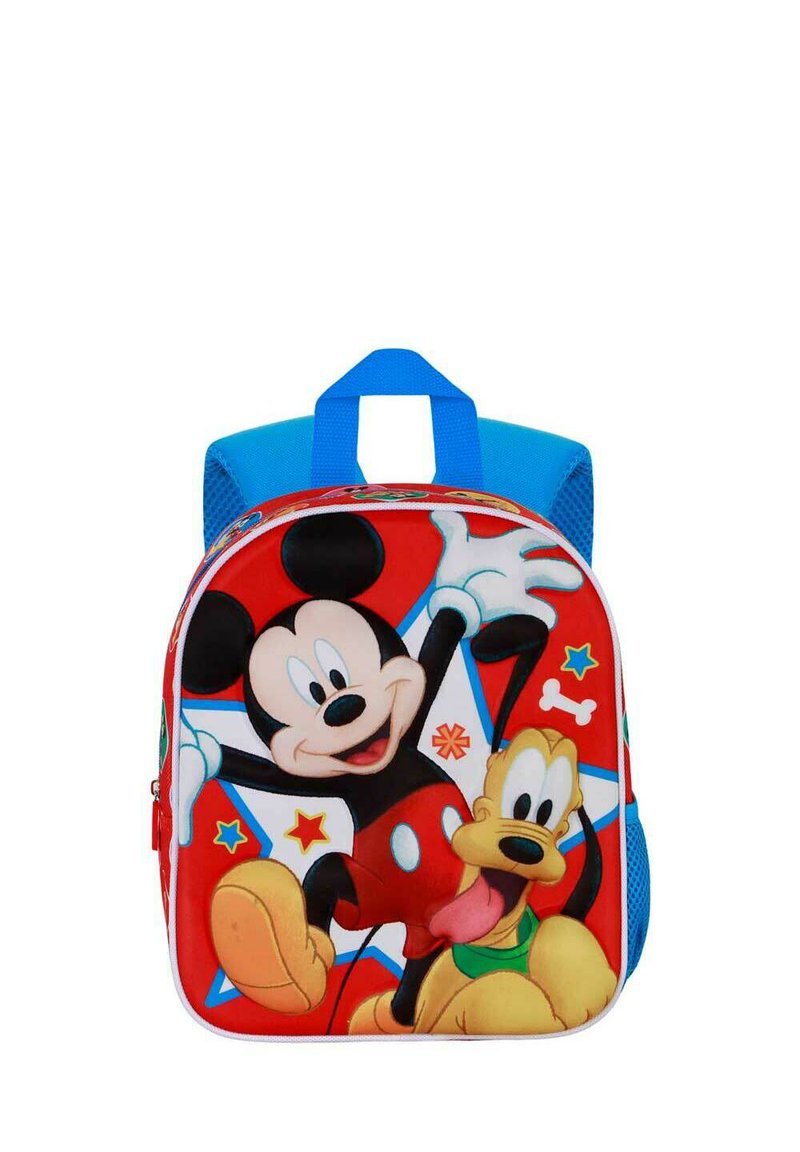 Sac à dos rouge et bleu avec des motifs de Mickey Mouse et Pluto. Fabriqué en tissu durable avec une poignée bleue et une fermeture éclair.