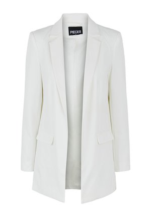 White blazer with a tailored fit, single-button closure, two front pockets, notched lapels, and smooth fabric texture.