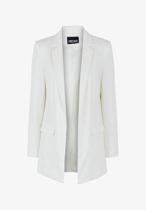 White blazer with a tailored fit, single-button closure, two front pockets, notched lapels, and smooth fabric texture.