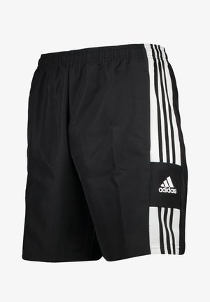 Czarne sportowe szorty z elastycznym paskiem w talii, z białymi pionowymi paskami po bokach i logo Adidas na dolnej części przodu.