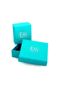 Tirkizinis papuošalų dėžutė su blizgiu paviršiumi, ant kurios yra balta logo "Elli" ir "MES ♥ PAPUOŠALAI." Kvadratinė forma su nuimamu dangčiu.