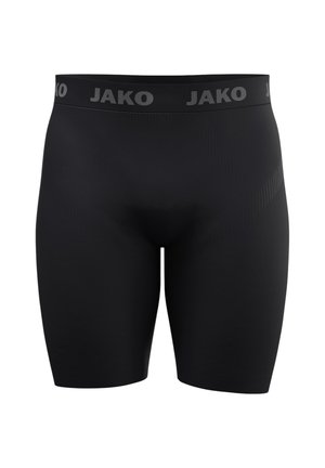 Schwarze Kompressionsshorts mit einem elastischen Bund mit Markenaufdruck "JAKO" in dunkelgrauen Buchstaben.