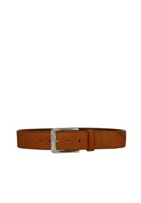 Brown leather belt with a rectangular metal buckle. Smooth texture, five adjustment holes, and pointed tip. Classic design for casual wear.