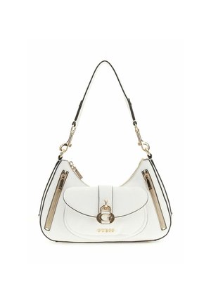 Sac à bandoulière en cuir blanc avec fermetures éclair dorées, poche à rabat avant, logo doré et sangle amovible.