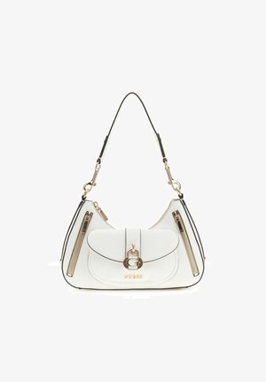 Sac à bandoulière en cuir blanc avec fermetures éclair dorées, poche à rabat avant, logo doré et sangle amovible.