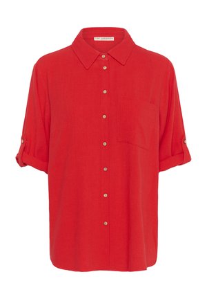 Red button-up shirt with short rolled sleeves, a chest pocket, and a smooth, textured finish. It features light-colored buttons and a classic collar.